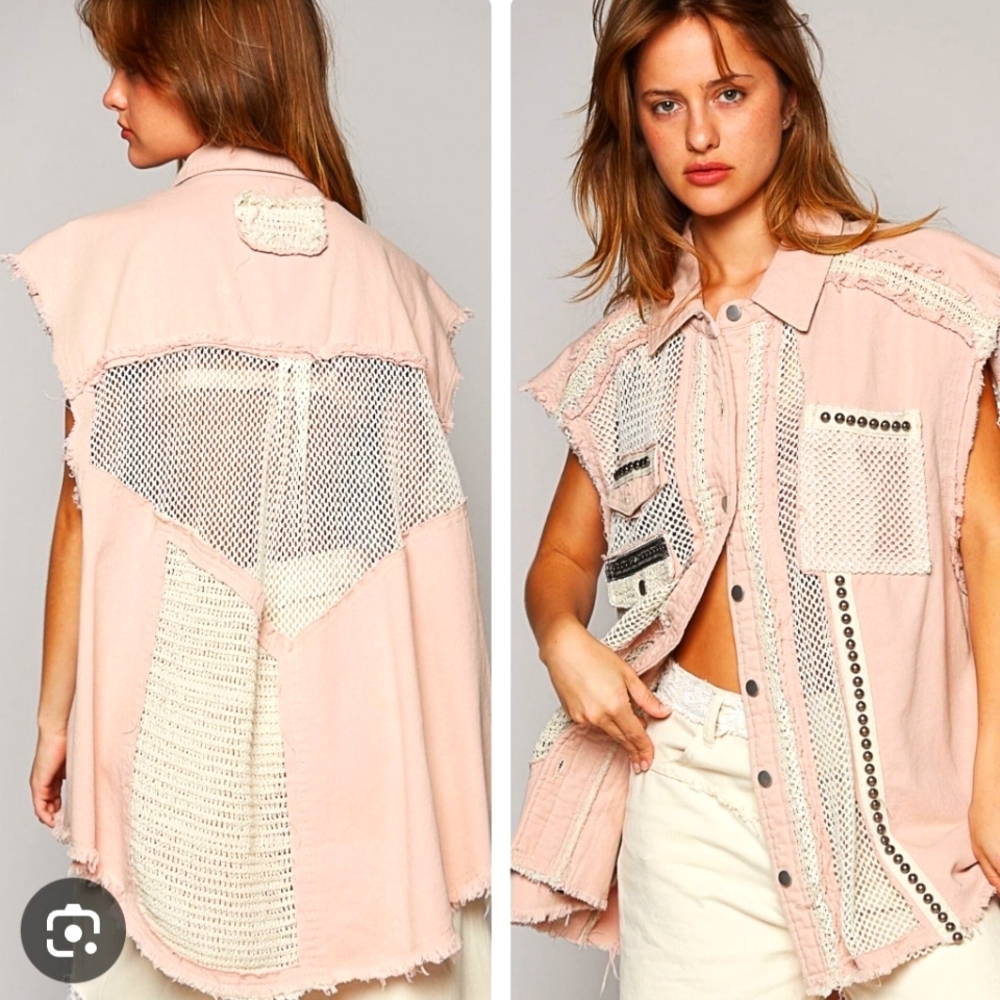 POL Soft Pink Denim Jean Mesh Studded Frayed Vest. Sz‎ M. NWOT